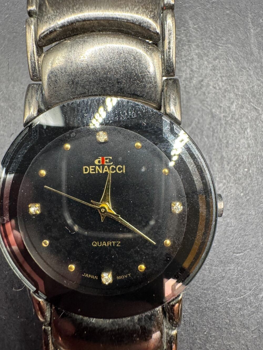 Vintage Denacci Quartz Watch Black Dial Gunmetal Diamond Gold Marker WR